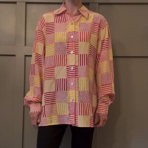 Diane von Furstenberg Silk Long Sleeve Button Down Top Red Yellow Checker Stripe